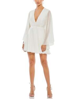 Mac Duggal 55684 White Cocktail Dress Chiffon Long Sleeve Fit and Flare Size 2